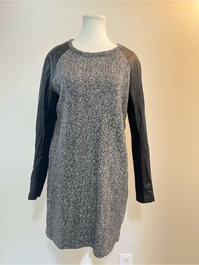 Danier Black and Gray Knit Shift Dress with Faux Leather Sleeves